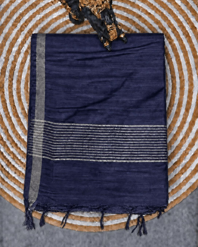 Tusser Saree with Checks Design and contrast Border -  Beige & Navy