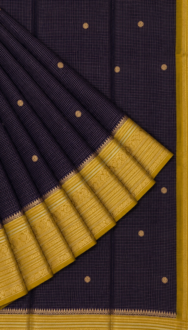 Green Silk Saree With Golden Zari Butties And Kanchi Border -Light Purple