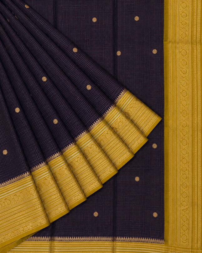 Green Silk Saree With Golden Zari Butties And Kanchi Border -Light Purple