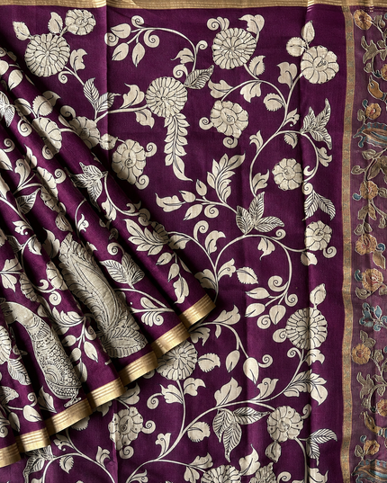 Kora Tusser kalmkari Sarree  With  Dori work and  Golden Border-  Magenta