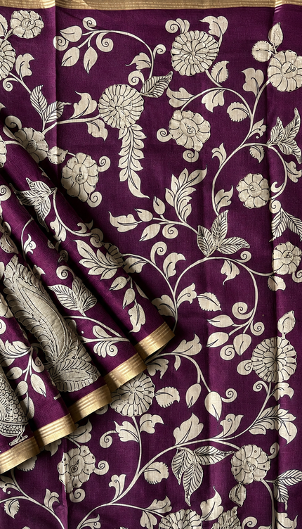 Kora Tusser kalmkari Sarree  With  Dori work and  Golden Border-  Magenta