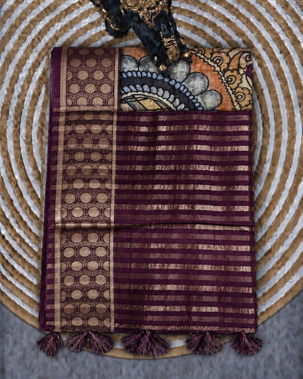Mysore Crape Saree with Kalamkari Print Contrast  Border - Mustard & Maroon
