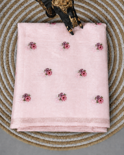 Mul Chanderi saree with Thread Embroidery Butties And Golden Zari Border  - Baby Pink