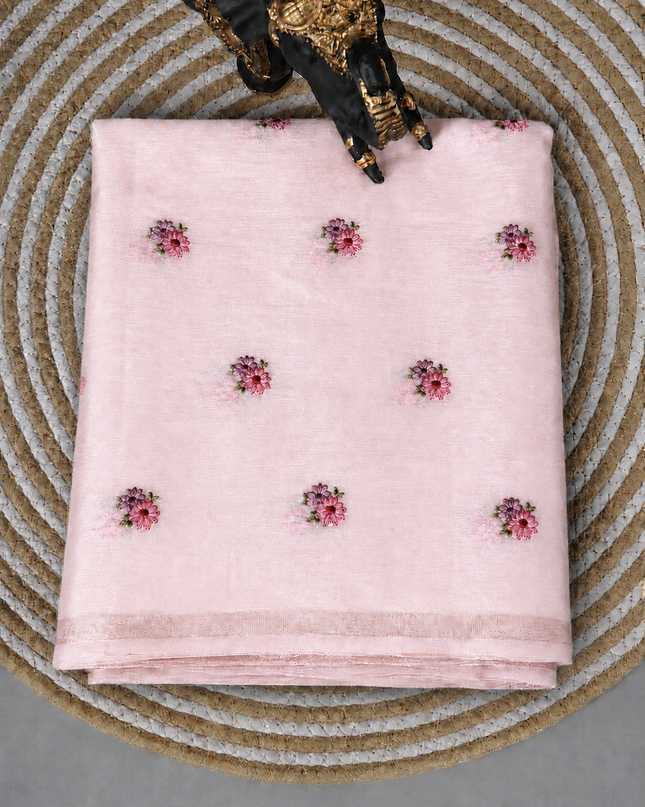 Mul Chanderi saree with Thread Embroidery Butties And Golden Zari Border  - Baby Pink