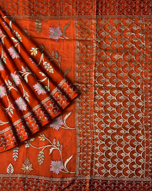 Kaddi Georgette saree with all over Floral Minakari Weaving  - Orange