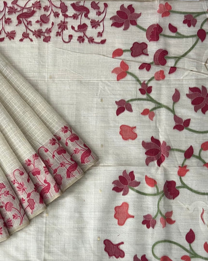 Cotton Chanderi Jamdani Saree with Checks Design and floral Print  Border - Cream