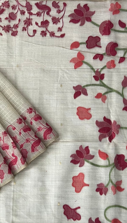 Cotton Chanderi Jamdani Saree with Checks Design and floral Print  Border - Cream