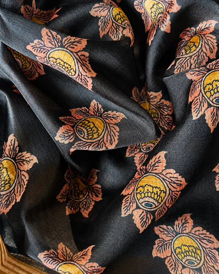 Kora Tusser kalmkari Sarree  With  Dori work and  Golden Border-  Black
