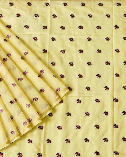 Mul Chanderi saree with Thread Embroidery Butties And Golden Zari Border  - Light Yellow