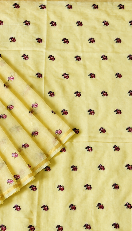 Mul Chanderi saree with Thread Embroidery Butties And Golden Zari Border  - Light Yellow