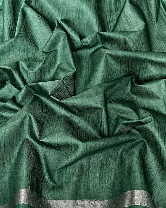 Semi Tusser Saree with Zig Zag Print and Warly Print and contrast Border -Green