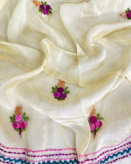 Russian Silk Saree with  Kantha Work - Lemon Yellow