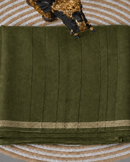 Tusser Silk Saree with Weaving Thread Stripes and  Small Golden Zari Border  - Olive Green