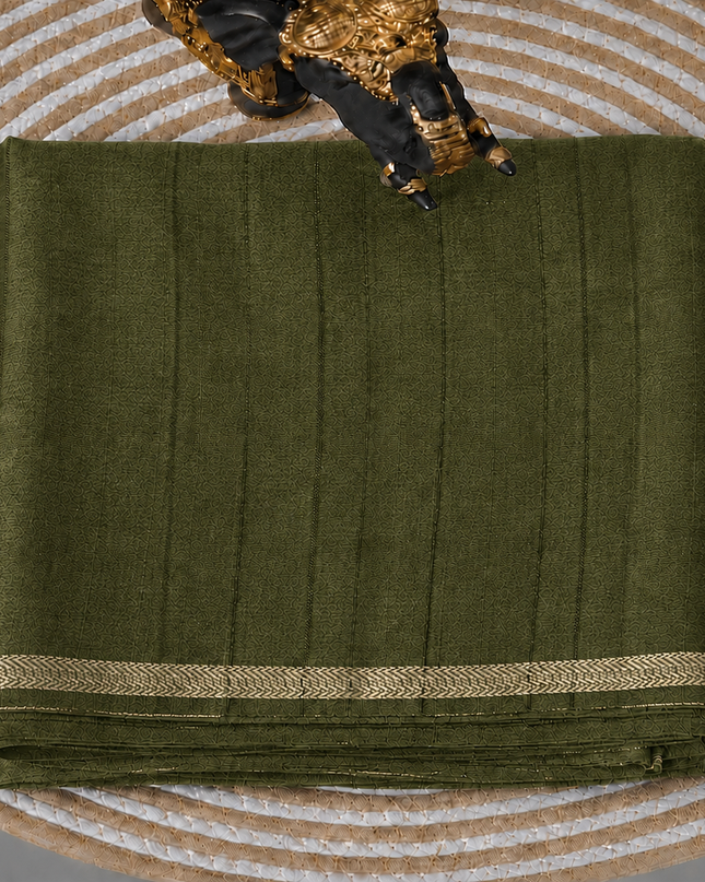 Tusser Silk Saree with Weaving Thread Stripes and  Small Golden Zari Border  - Olive Green