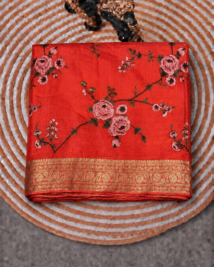 Channon saree with All over Thread Embroidery Work and Gold Border - Peach