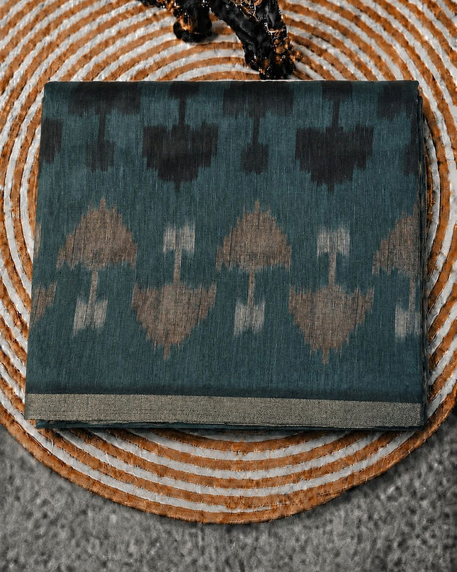 Tusser Saree With Ikkat Design and Small Golden Border- Teal Blue