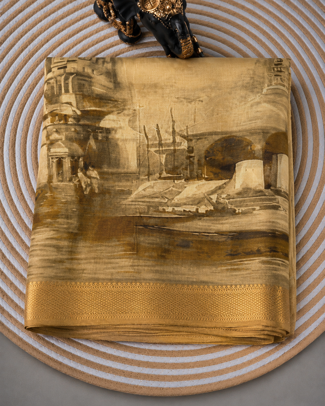 Dola silk sarees with Ramayana Team and Golden border - Mustard