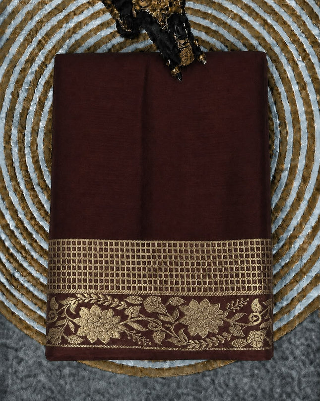 Crepe Saree with Gold Zari  Weaving Border  - Coffee Brown