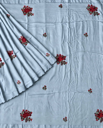 Italian Silk Saree With Kantha Work and French knot Work and Scallop Border- Sky Blue