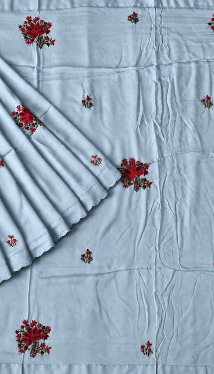 Italian Silk Saree With Kantha Work and French knot Work and Scallop Border- Sky Blue