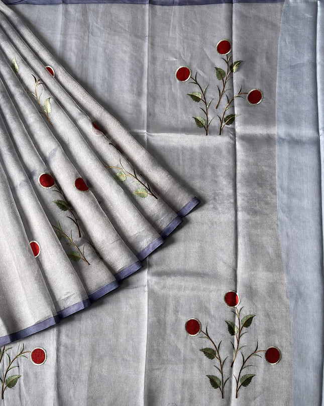 Pure Tissue Saree  with Embroidery Work and  piping border - Lavender