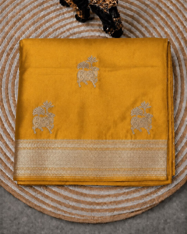 Mashru Banaras saree with Pichwai  Weaving Buttes and Kaddi Border - Mustard