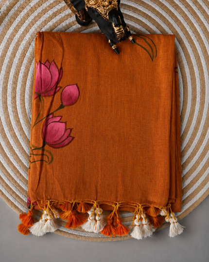 Mul cotton saree with Hand Painting  - Rust
