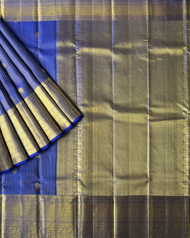 Pure Pattu Saree With Golden Check Weaving and Flower Buttes and Kaddi Border - Royal Blue