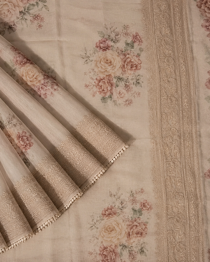 Silk Kota Saree with Floral Print and Thread Embroidery work Border with Lace - Tan