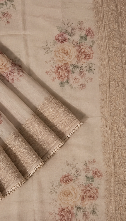 Silk Kota Saree with Floral Print and Thread Embroidery work Border with Lace - Tan