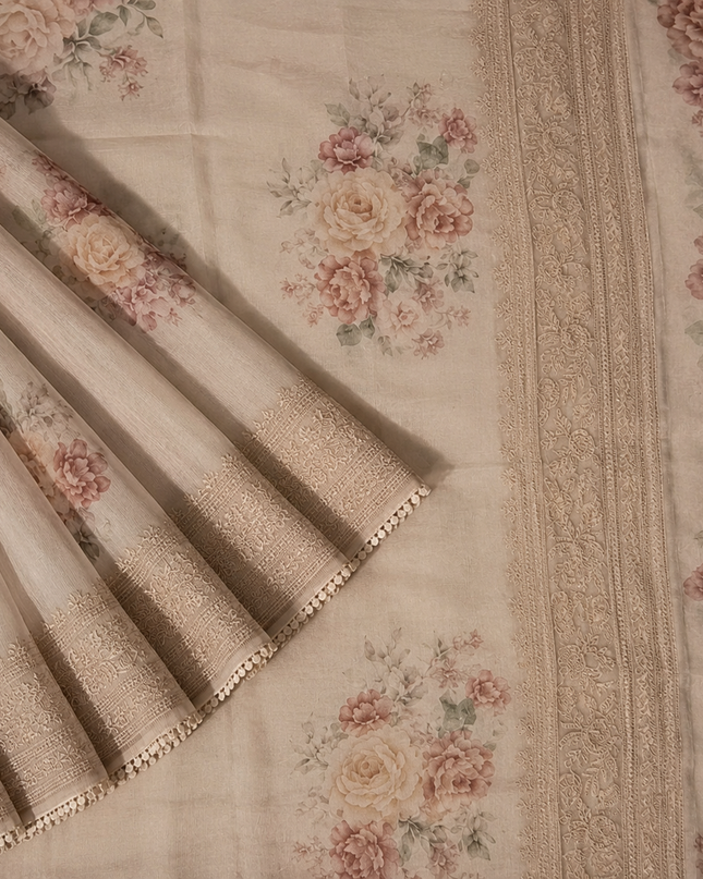Silk Kota Saree with Floral Print and Thread Embroidery work Border with Lace - Tan