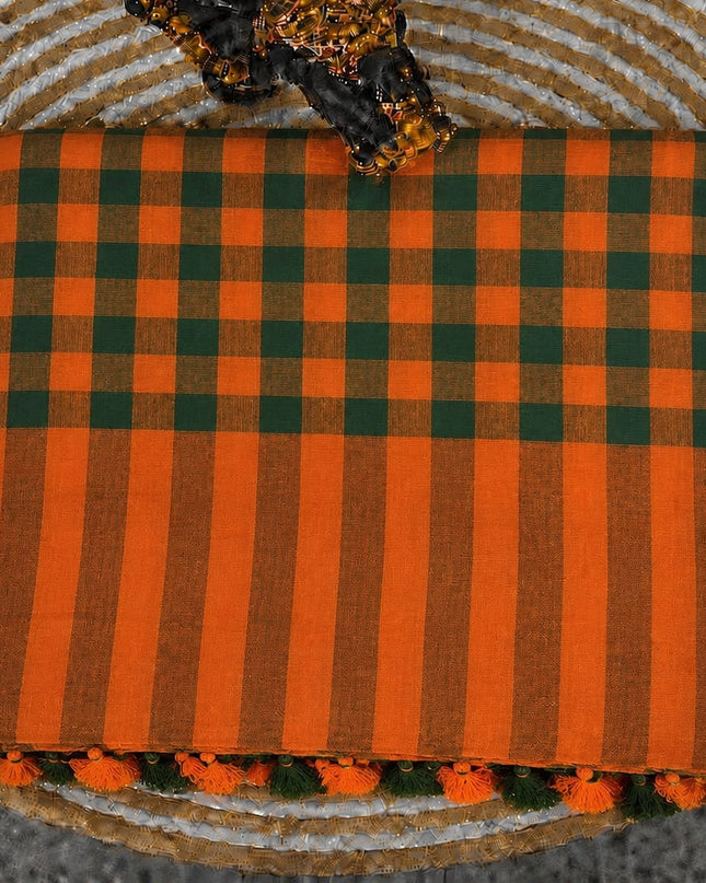 Cotton Saree With Checks Design and Tassels - Orange