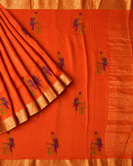 Tissue Banaras saree  with petti point work and Golden Border - Orange
