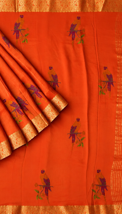 Tissue Banaras saree  with petti point work and Golden Border - Orange