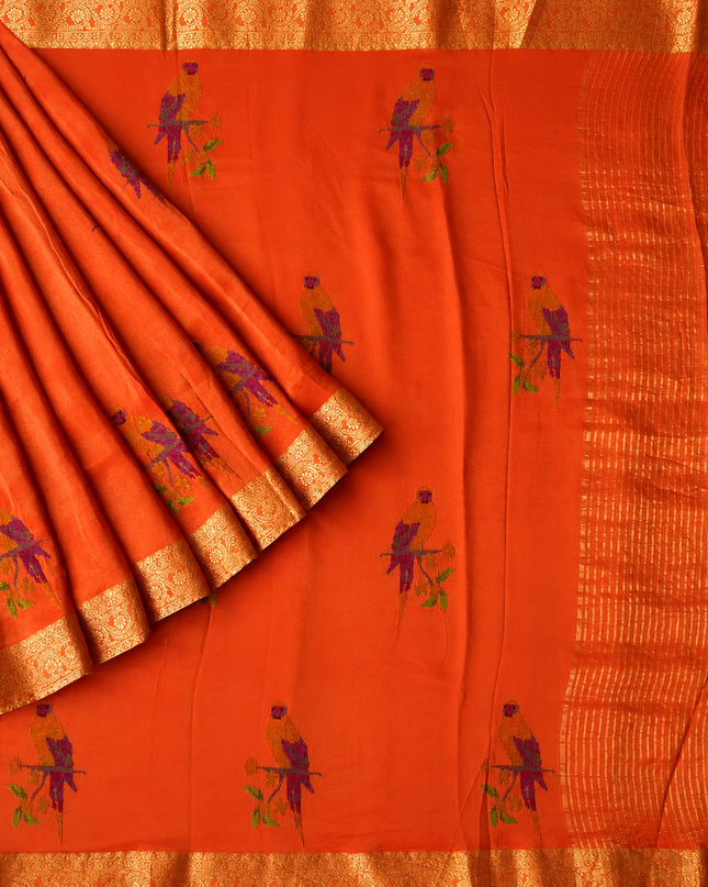 Tissue Banaras saree  with petti point work and Golden Border - Orange