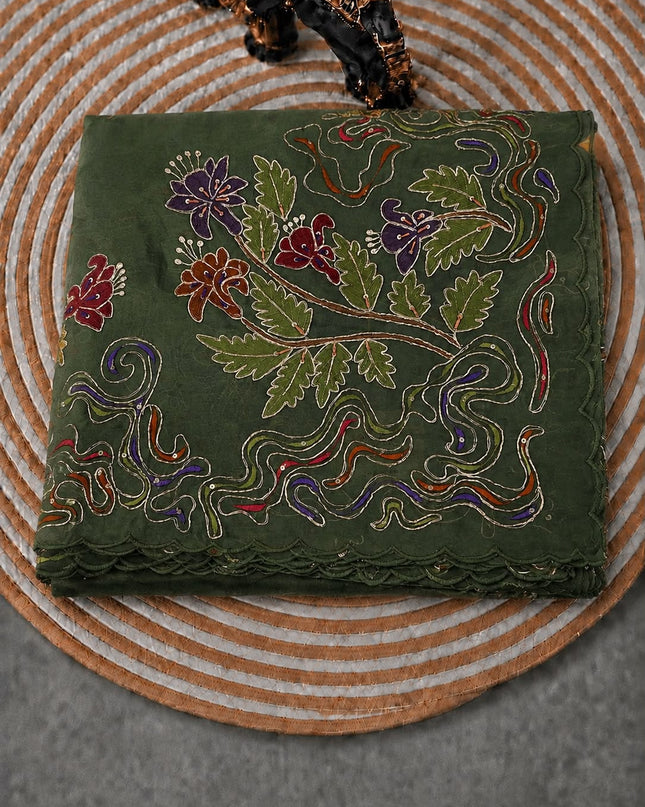 Soft Orznga Saree with Applique work And Peta Work with Scallop Border - Green