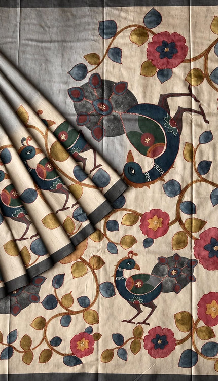 Tusser Saree with Floral and Peacock  Print with Kantha Work and contrast Border - Grey