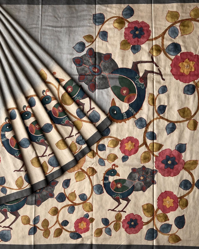 Tusser Saree with Floral and Peacock  Print with Kantha Work and contrast Border - Grey
