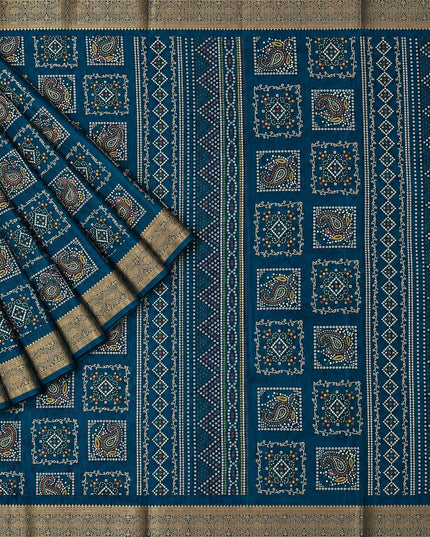 Tusser Silk Saree With Bhandni Print and Golden Border - Peacock Blue