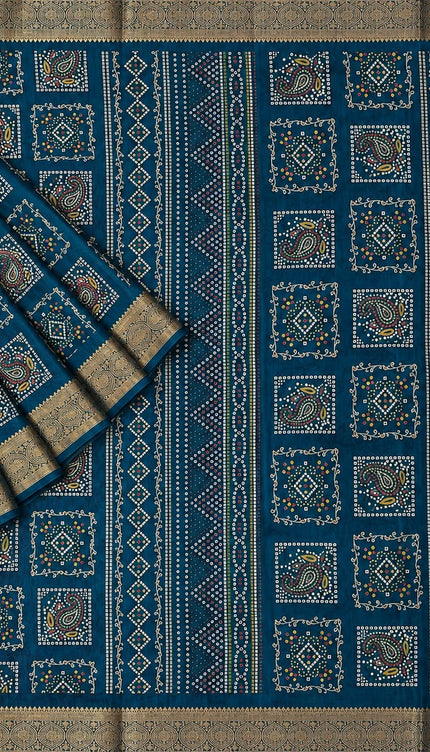 Tusser Silk Saree With Bhandni Print and Golden Border - Peacock Blue