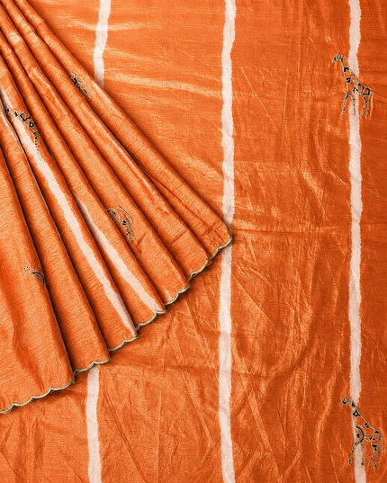 Soft  Orznga  Saree With Applique work and scallop Border- Light Orange