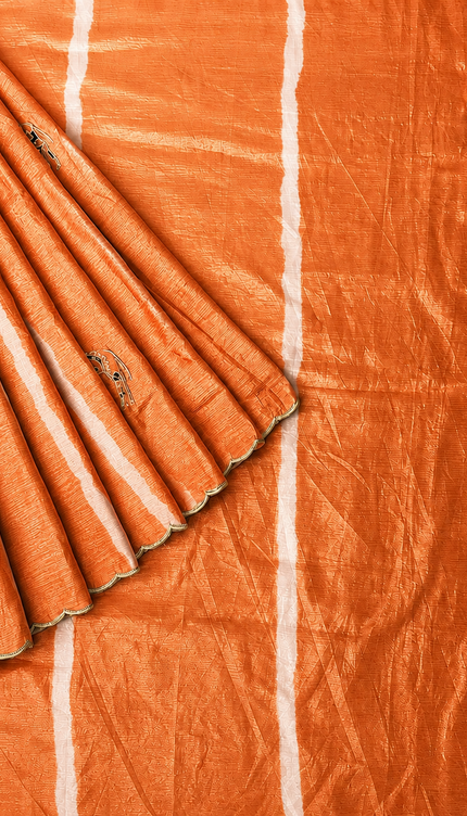 Soft  Orznga  Saree With Applique work and scallop Border- Light Orange
