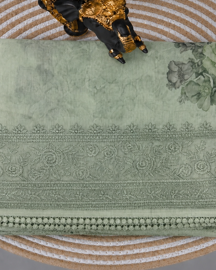 Silk Kota Saree with Floral Print and Thread Embroidery work Border with Lace - Green