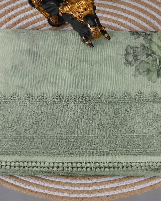 Silk Kota Saree with Floral Print and Thread Embroidery work Border with Lace - Green