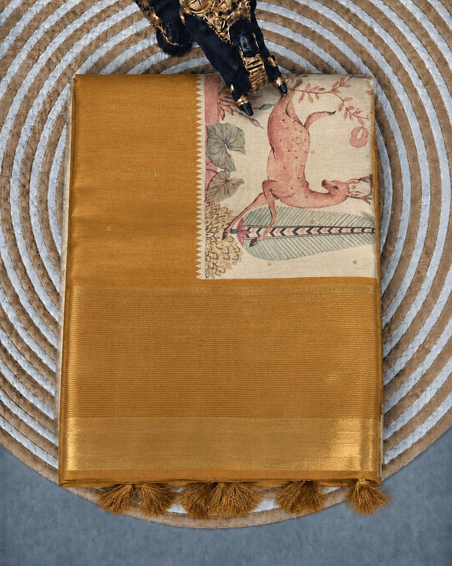 Tussar silk saree with digital print zari border - Mustard