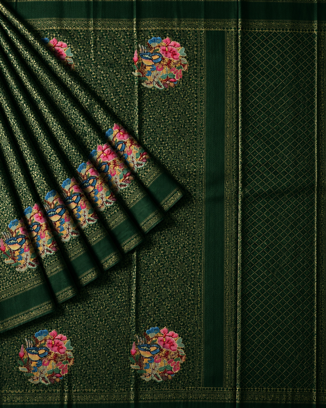 Banaras saree Self Weaving  Floral Butties  and Kaddi Border - Green