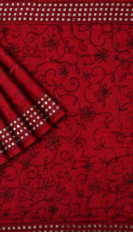 Georgette Saree With Kantha Work and Sequences Work - Maroon