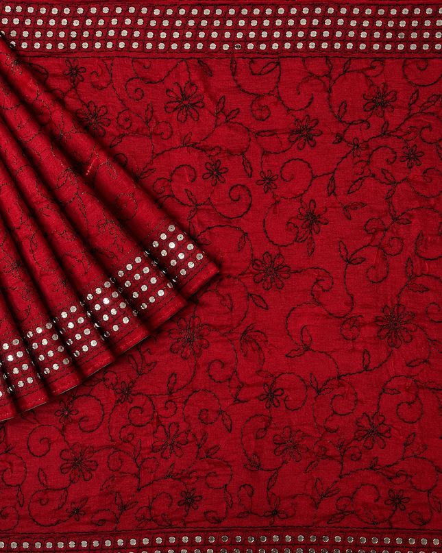 Georgette Saree With Kantha Work and Sequences Work - Maroon
