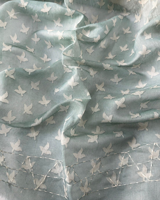 Chanderi Saree With Floral and Kantha Work and  Contrast Border- Sage Green