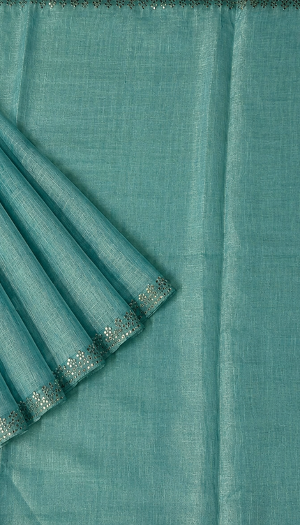 Tissue Linen Saree with Mirror Work Border- Rama Green